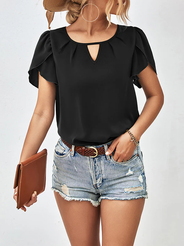 Loose Short Sleeves Hollow Solid Color Round-Neck T-Shirts Tops - Image 2
