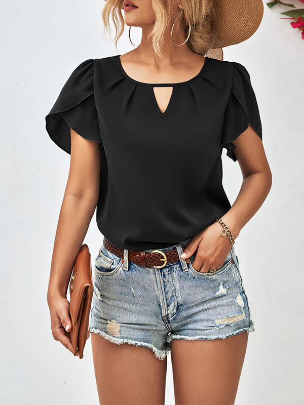 Loose Short Sleeves Hollow Solid Color Round-Neck T-Shirts Tops - Image 8