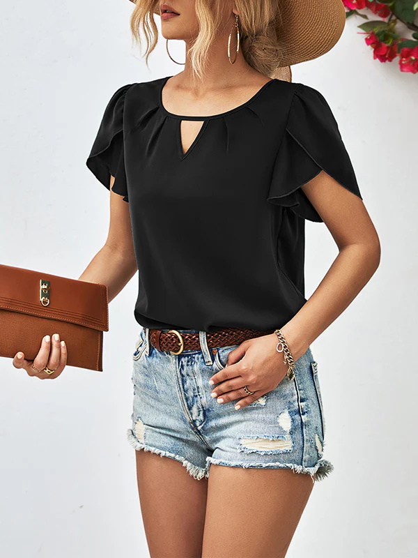 Loose Short Sleeves Hollow Solid Color Round-Neck T-Shirts Tops - Image 9