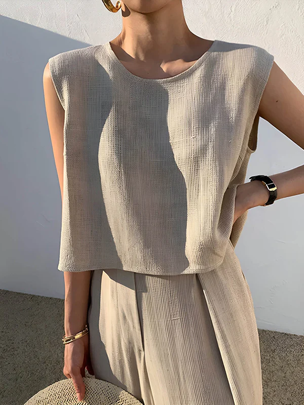 Loose Short Sleeves Hollow Solid Color Split-Joint Round-Neck Vest Top - Image 2