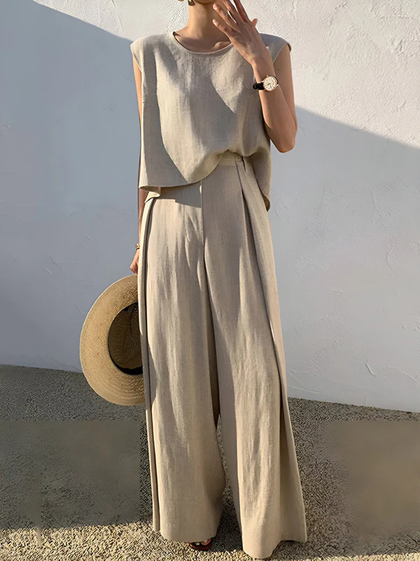 Loose Short Sleeves Hollow Solid Color Split-Joint Round-Neck Vest Top - Image 4