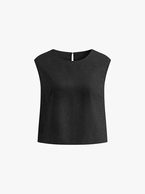 Loose Short Sleeves Hollow Solid Color Split-Joint Round-Neck Vest Top - Image 7