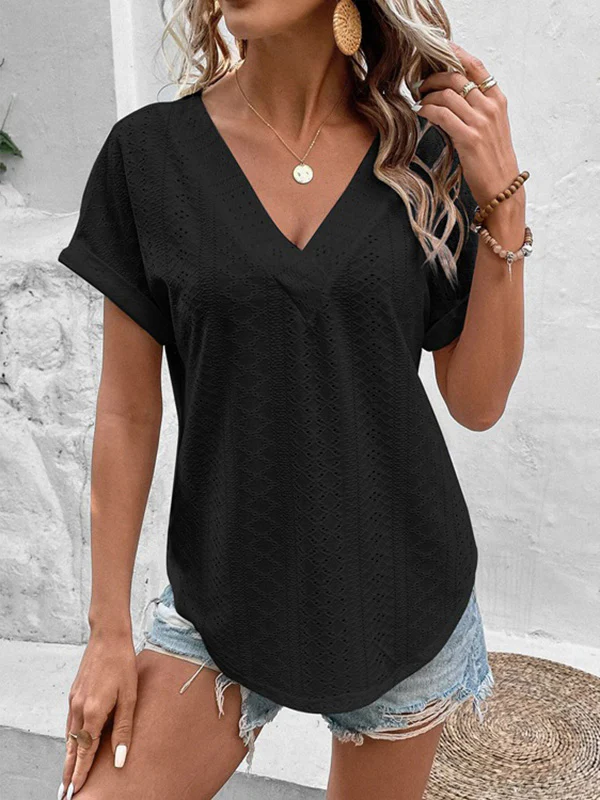 Loose Short Sleeves Hollow Solid Color Split-Joint V-Neck T-Shirts - Image 3