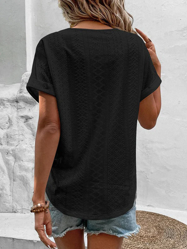 Loose Short Sleeves Hollow Solid Color Split-Joint V-Neck T-Shirts - Image 4