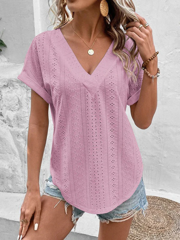 Loose Short Sleeves Hollow Solid Color Split-Joint V-Neck T-Shirts - Image 5