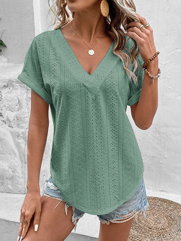 Loose Short Sleeves Hollow Solid Color Split-Joint V-Neck T-Shirts - Image 6