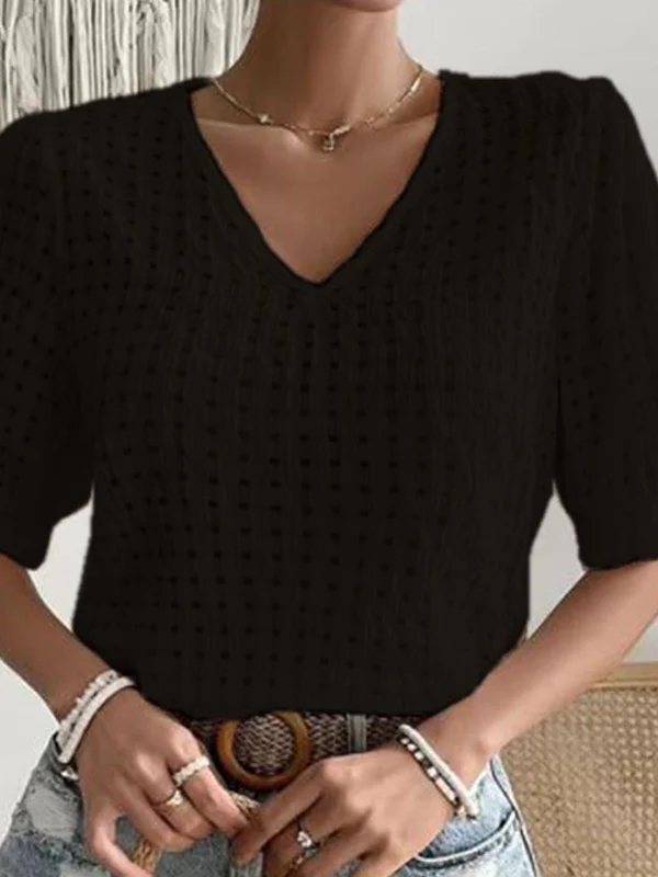 Loose Short Sleeves Hollow Solid Color Split-Joint V-Neck T-Shirts Tops - Image 3