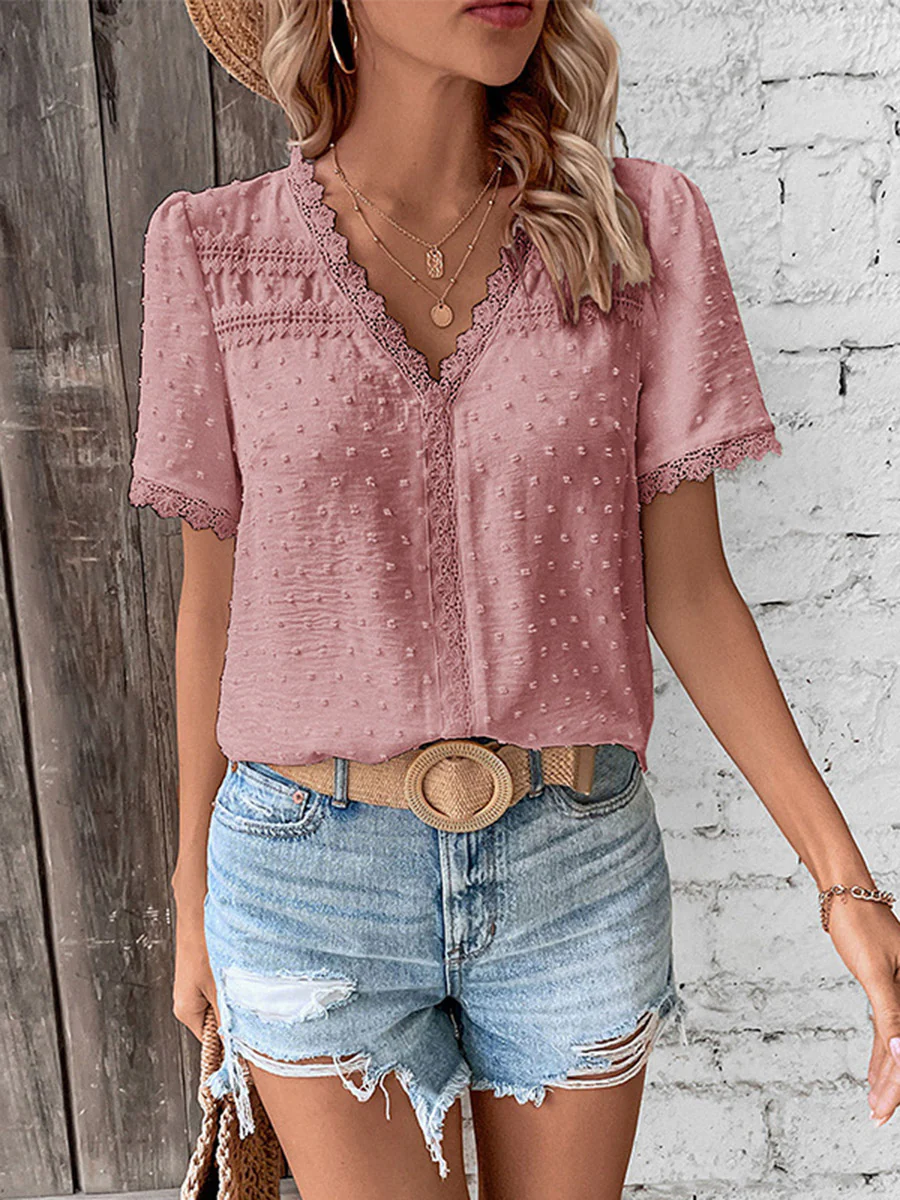Loose Short Sleeves Jacquard Solid Color Split-Joint Textured V-Neck T-Shirts Tops - Image 10