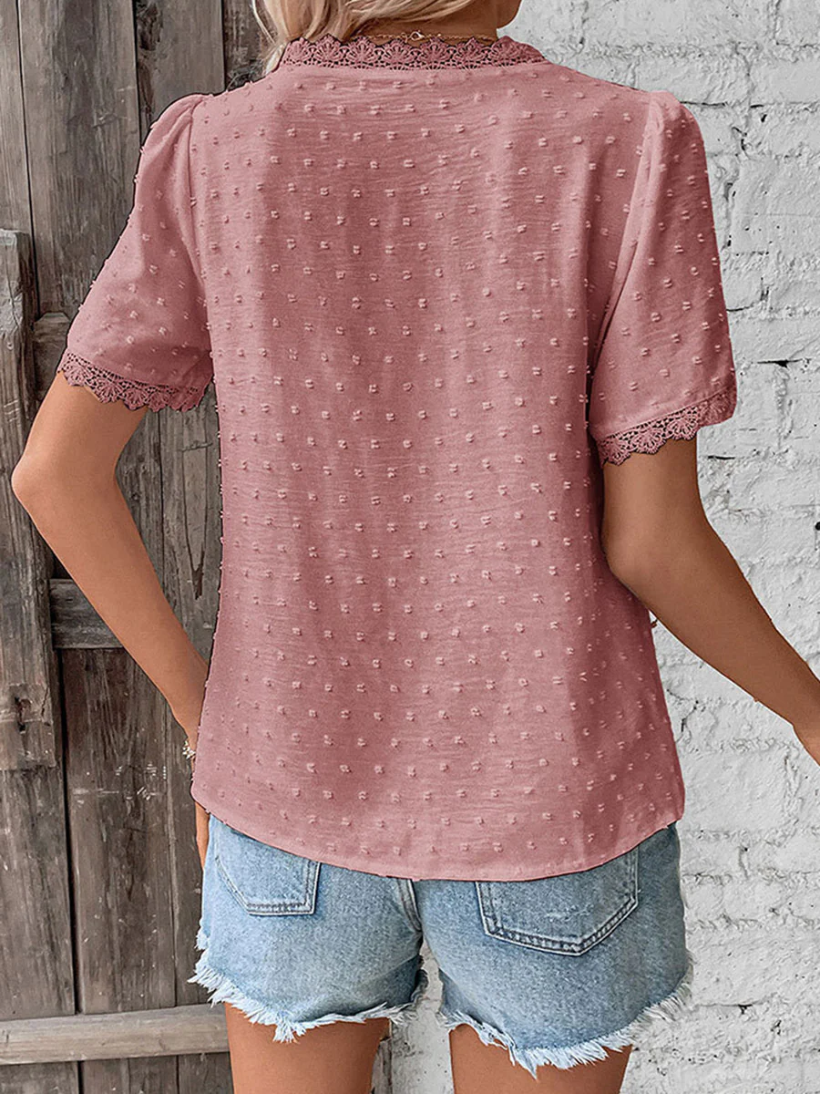 Loose Short Sleeves Jacquard Solid Color Split-Joint Textured V-Neck T-Shirts Tops - Image 11