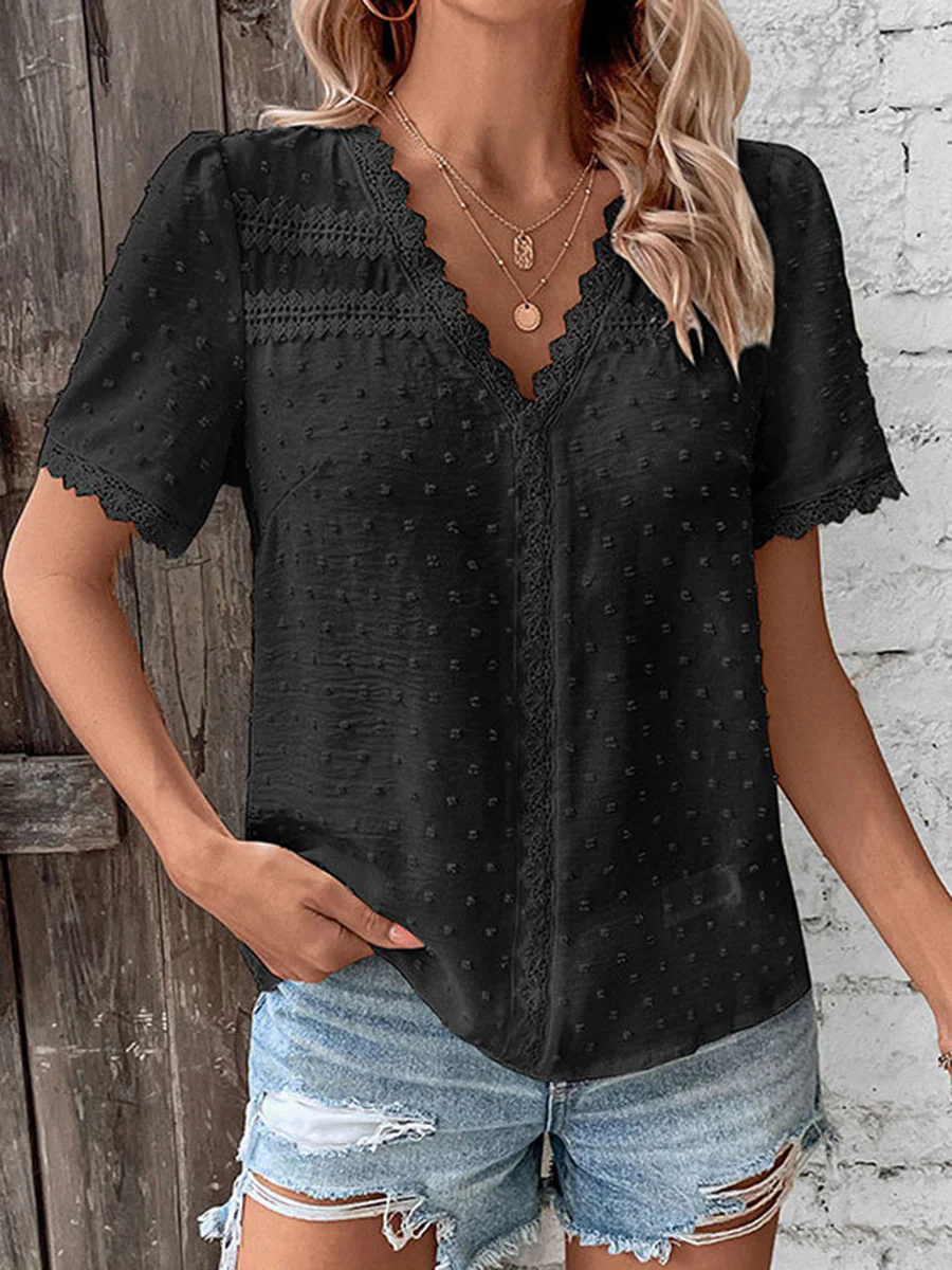Loose Short Sleeves Jacquard Solid Color Split-Joint Textured V-Neck T-Shirts Tops - Image 13
