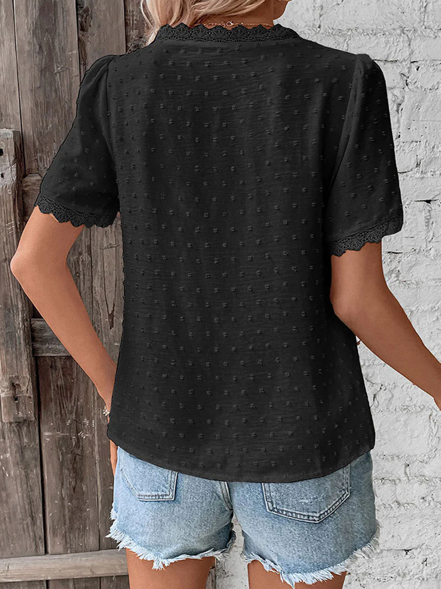 Loose Short Sleeves Jacquard Solid Color Split-Joint Textured V-Neck T-Shirts Tops - Image 14
