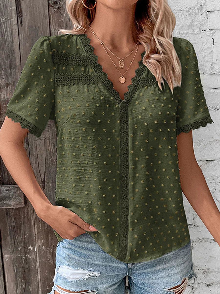 Loose Short Sleeves Jacquard Solid Color Split-Joint Textured V-Neck T-Shirts Tops - Image 2