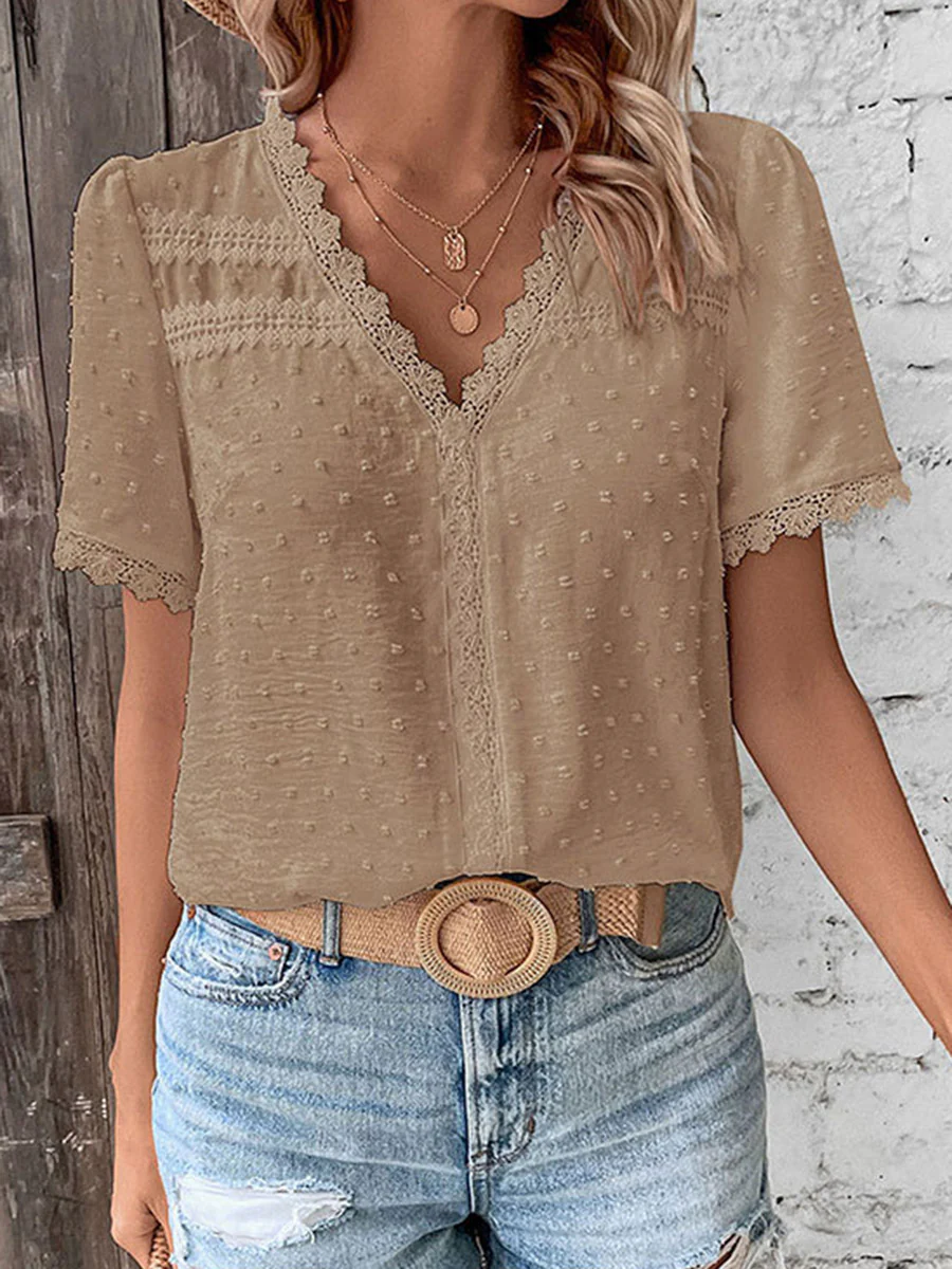 Loose Short Sleeves Jacquard Solid Color Split-Joint Textured V-Neck T-Shirts Tops - Image 3
