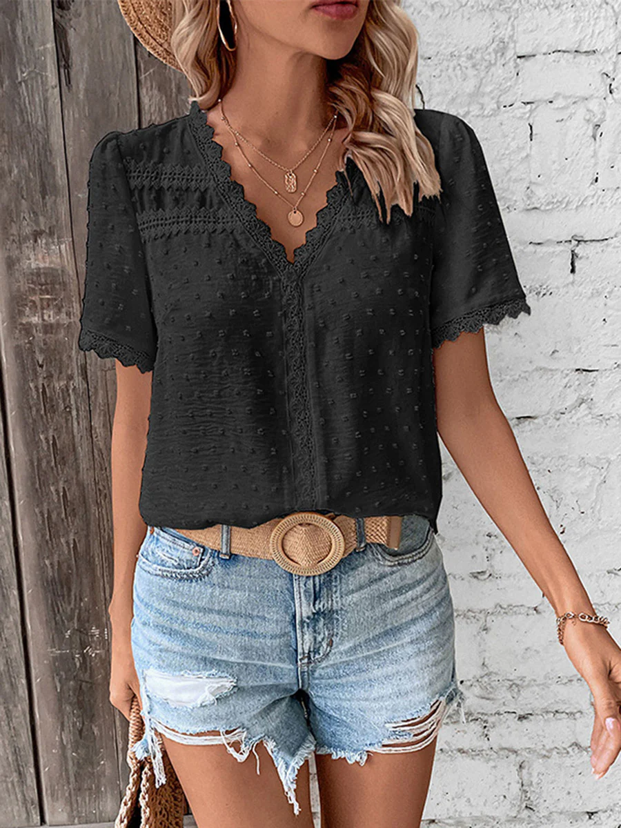 Loose Short Sleeves Jacquard Solid Color Split-Joint Textured V-Neck T-Shirts Tops - Image 5