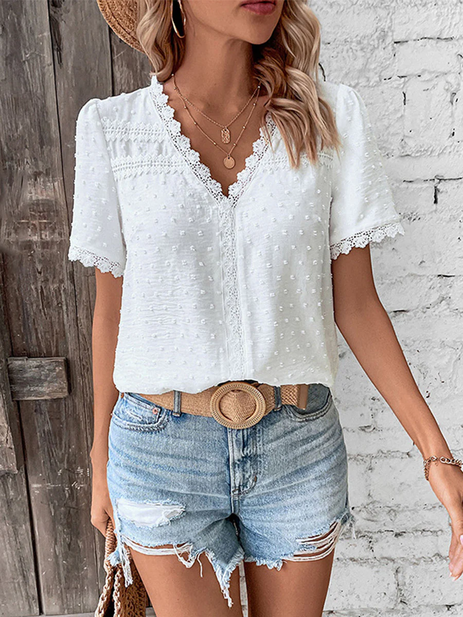Loose Short Sleeves Jacquard Solid Color Split-Joint Textured V-Neck T-Shirts Tops - Image 6