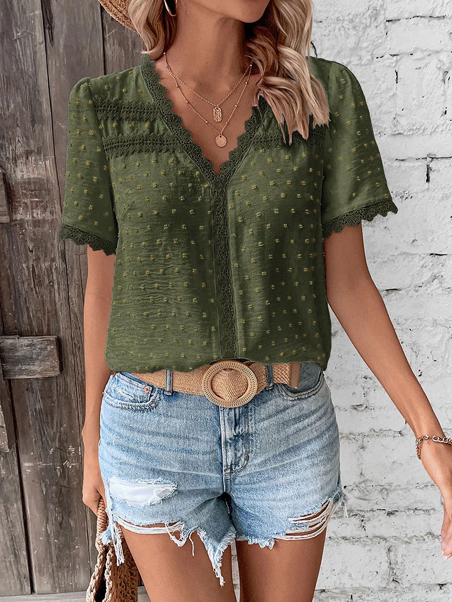 Loose Short Sleeves Jacquard Solid Color Split-Joint Textured V-Neck T-Shirts Tops - Image 7