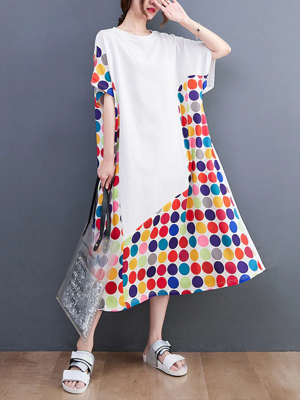 Loose Short Sleeves Multi-Colored Polka-Dot Split-Joint Round-Neck Midi Dresses - Image 10