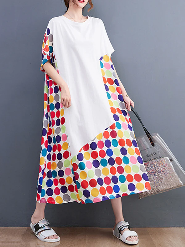 Loose Short Sleeves Multi-Colored Polka-Dot Split-Joint Round-Neck Midi Dresses - Image 11