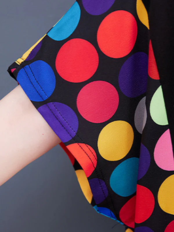 Loose Short Sleeves Multi-Colored Polka-Dot Split-Joint Round-Neck Midi Dresses - Image 14