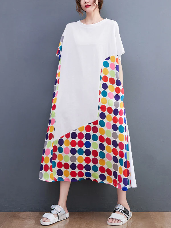 Loose Short Sleeves Multi-Colored Polka-Dot Split-Joint Round-Neck Midi Dresses - Image 2