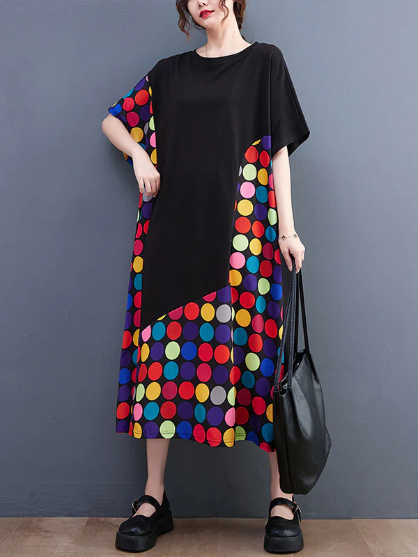 Loose Short Sleeves Multi-Colored Polka-Dot Split-Joint Round-Neck Midi Dresses - Image 3