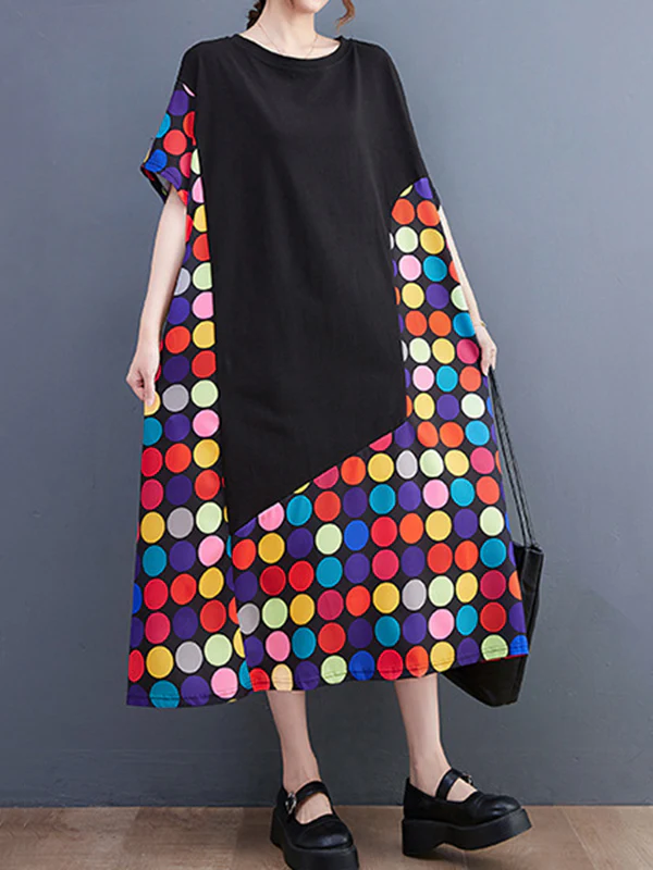 Loose Short Sleeves Multi-Colored Polka-Dot Split-Joint Round-Neck Midi Dresses - Image 4