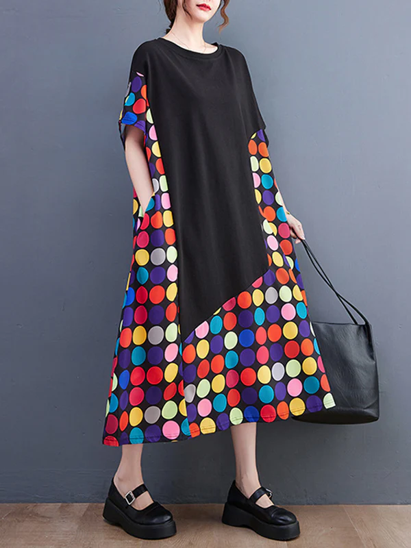 Loose Short Sleeves Multi-Colored Polka-Dot Split-Joint Round-Neck Midi Dresses - Image 5