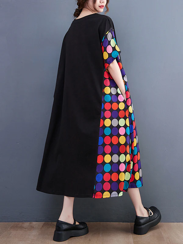 Loose Short Sleeves Multi-Colored Polka-Dot Split-Joint Round-Neck Midi Dresses - Image 6