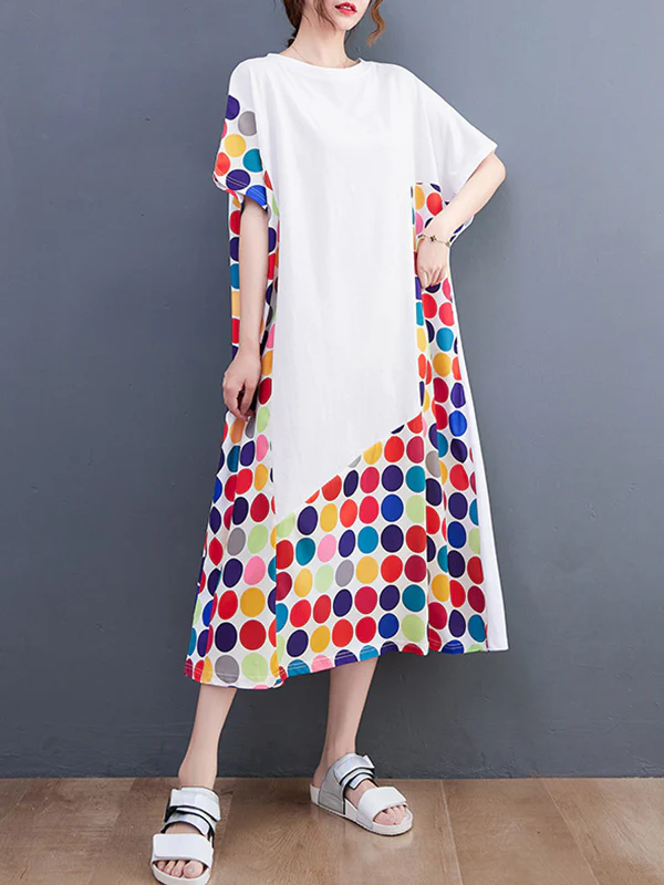 Loose Short Sleeves Multi-Colored Polka-Dot Split-Joint Round-Neck Midi Dresses - Image 7