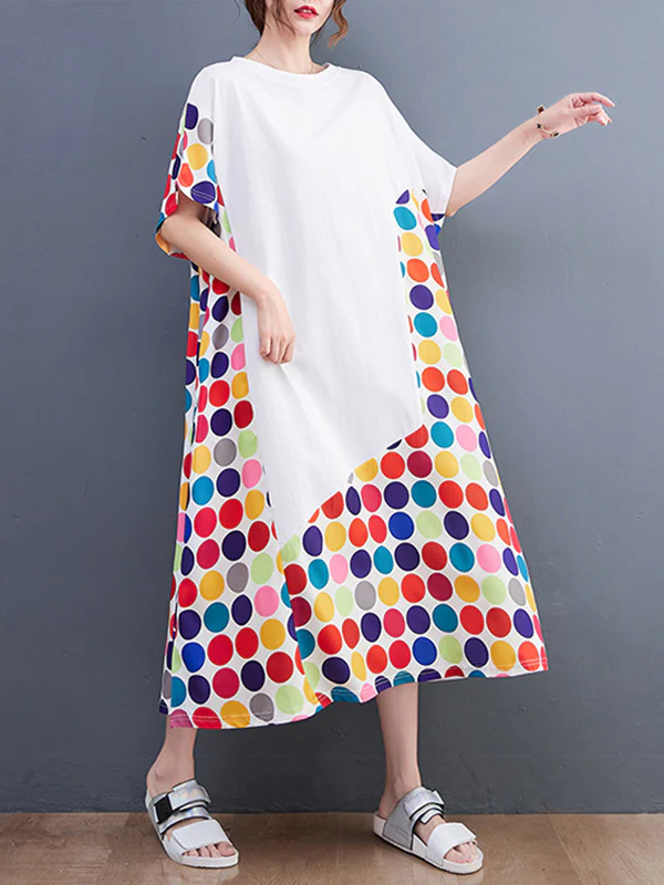Loose Short Sleeves Multi-Colored Polka-Dot Split-Joint Round-Neck Midi Dresses - Image 8