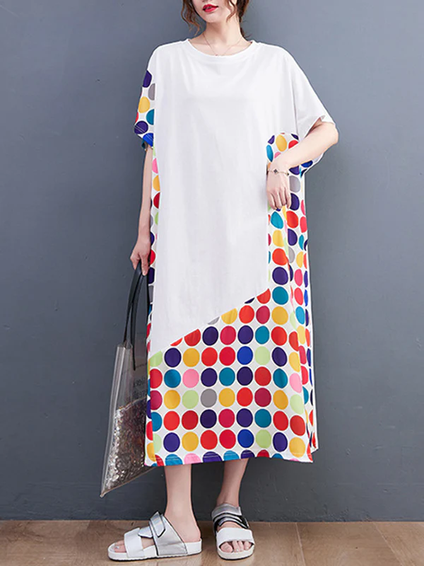Loose Short Sleeves Multi-Colored Polka-Dot Split-Joint Round-Neck Midi Dresses - Image 9
