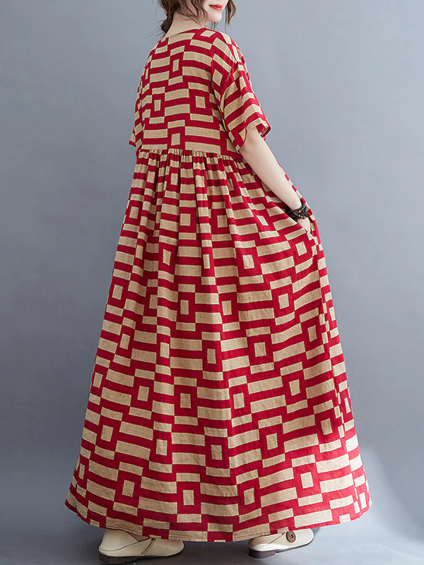 Loose Short Sleeves Plaid Round-Neck Midi Dresses - Image 10