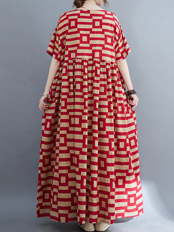 Loose Short Sleeves Plaid Round-Neck Midi Dresses - Image 11