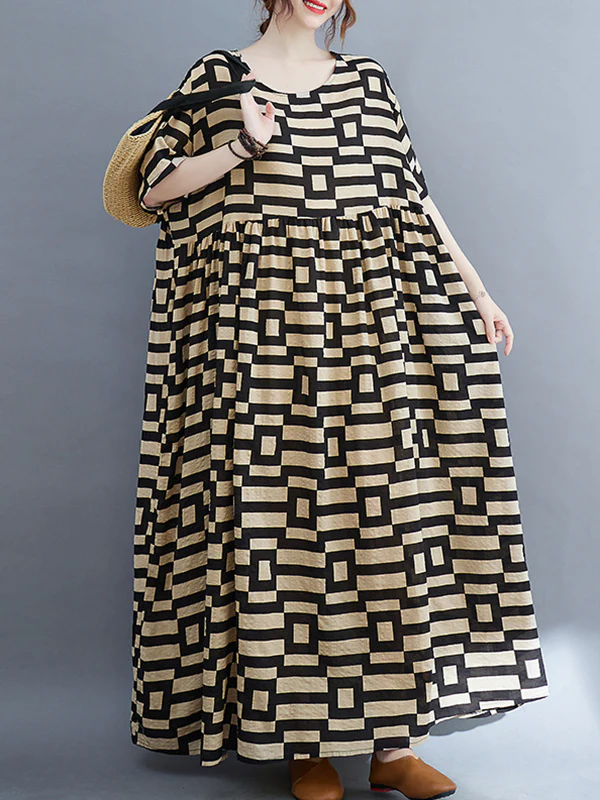 Loose Short Sleeves Plaid Round-Neck Midi Dresses - Image 12