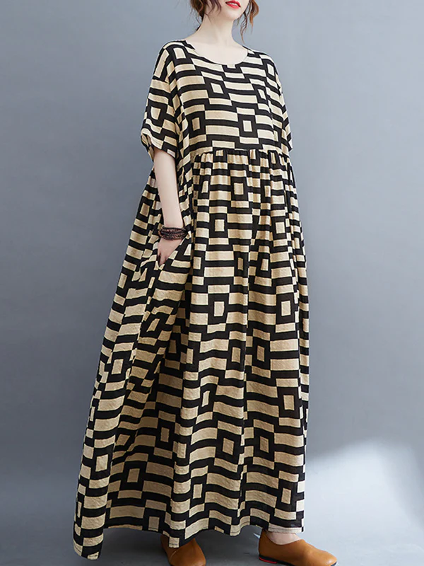 Loose Short Sleeves Plaid Round-Neck Midi Dresses - Image 13