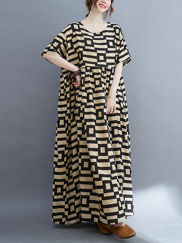 Loose Short Sleeves Plaid Round-Neck Midi Dresses - Image 14