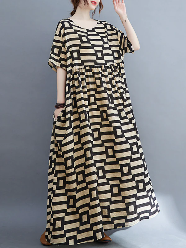 Loose Short Sleeves Plaid Round-Neck Midi Dresses - Image 15