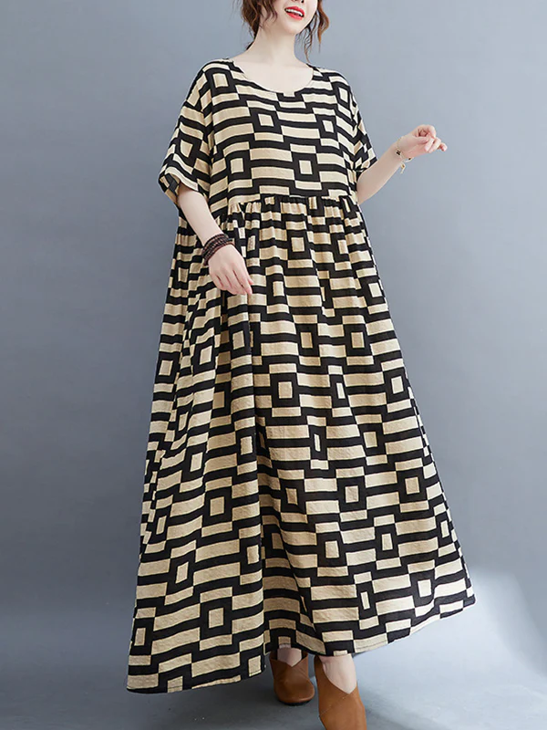 Loose Short Sleeves Plaid Round-Neck Midi Dresses - Image 16