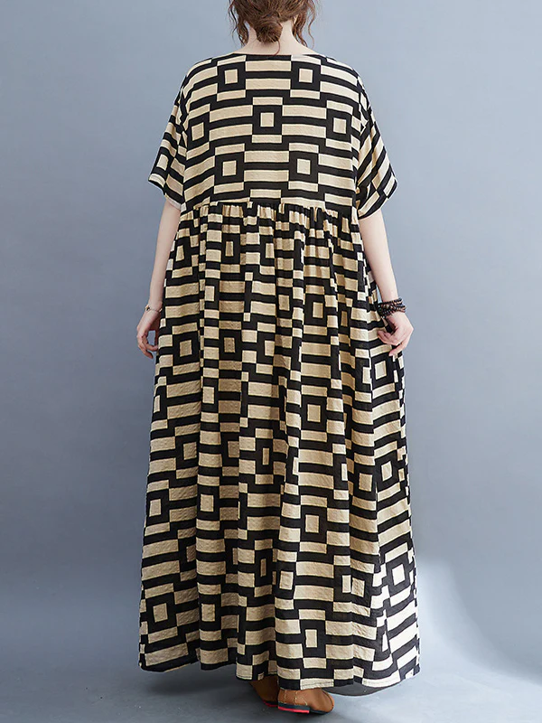 Loose Short Sleeves Plaid Round-Neck Midi Dresses - Image 18