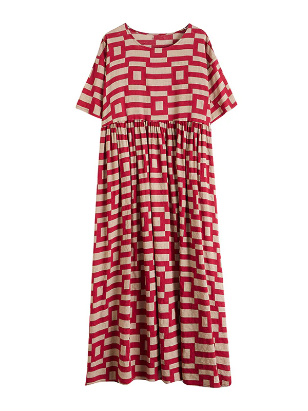 Loose Short Sleeves Plaid Round-Neck Midi Dresses - Image 19