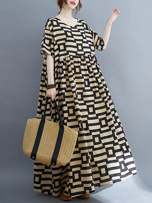 Loose Short Sleeves Plaid Round-Neck Midi Dresses - Image 2