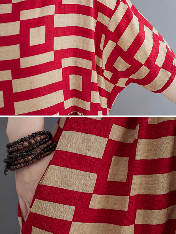 Loose Short Sleeves Plaid Round-Neck Midi Dresses - Image 21