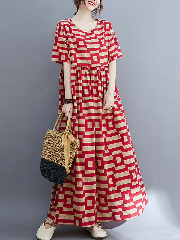 Loose Short Sleeves Plaid Round-Neck Midi Dresses - Image 3