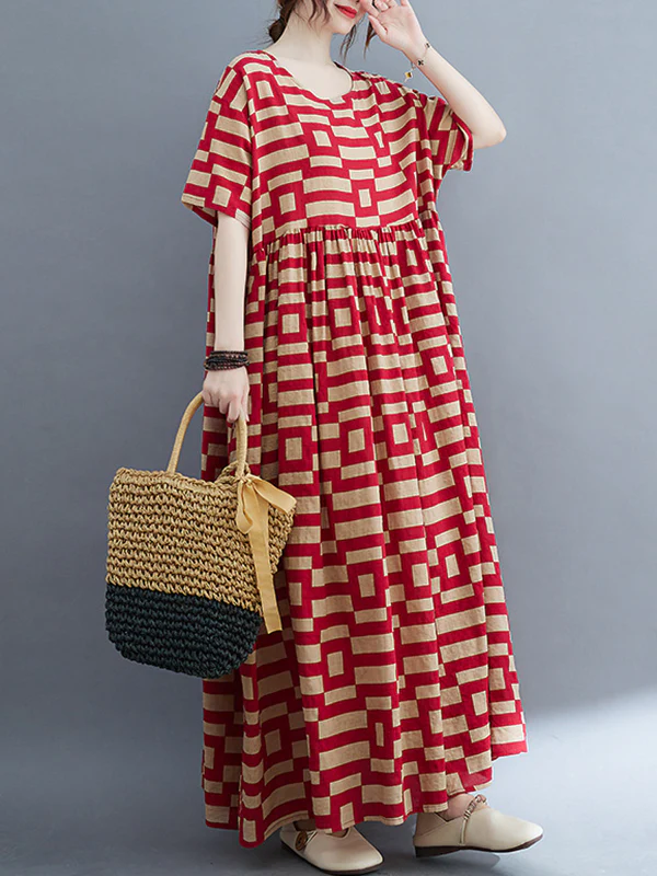 Loose Short Sleeves Plaid Round-Neck Midi Dresses - Image 4