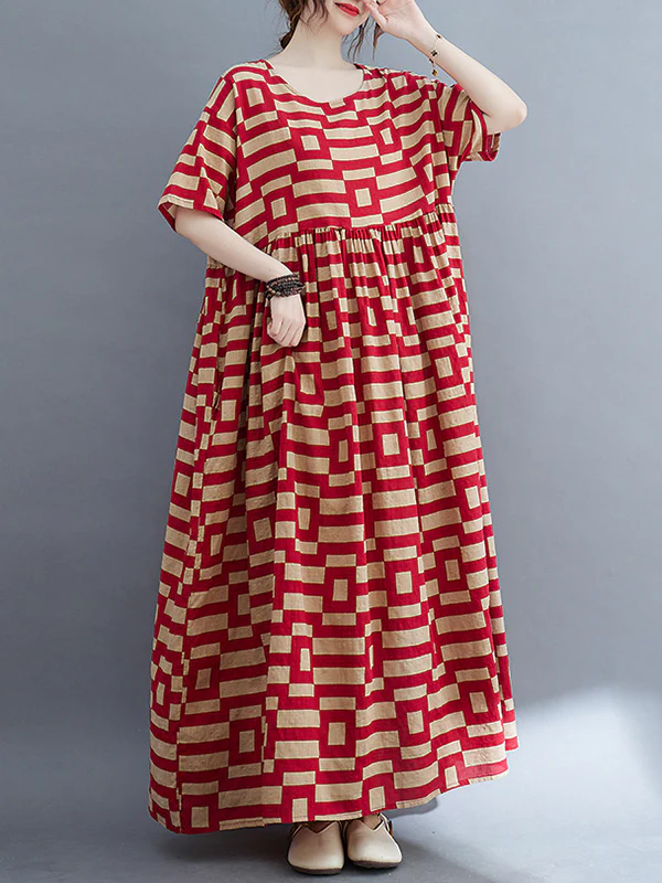 Loose Short Sleeves Plaid Round-Neck Midi Dresses - Image 5