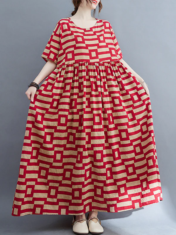 Loose Short Sleeves Plaid Round-Neck Midi Dresses - Image 6