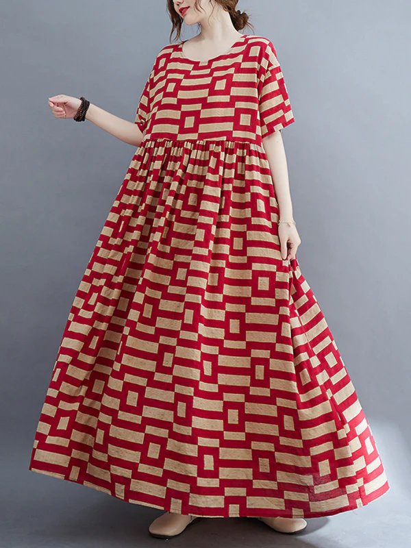 Loose Short Sleeves Plaid Round-Neck Midi Dresses - Image 7