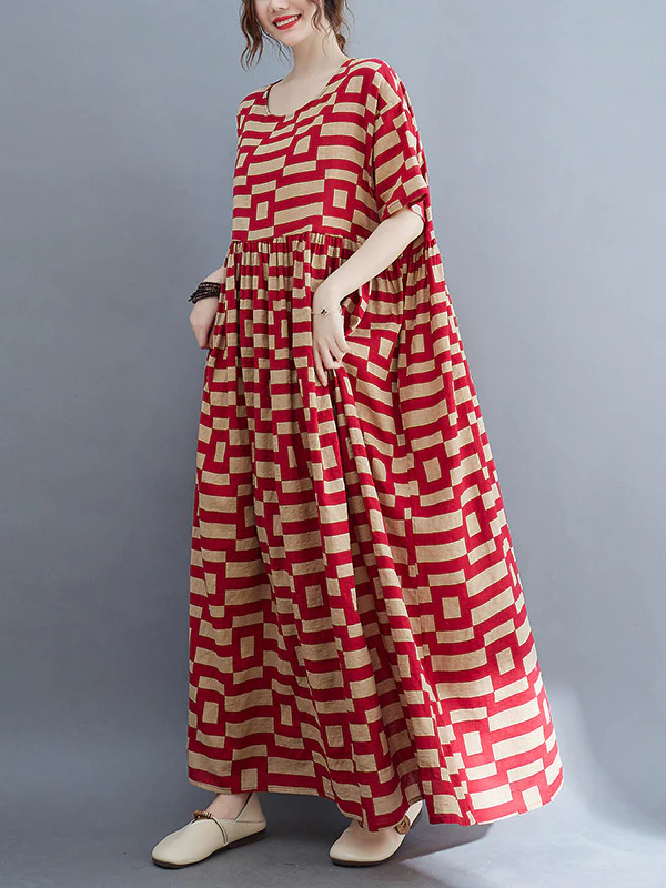 Loose Short Sleeves Plaid Round-Neck Midi Dresses - Image 8