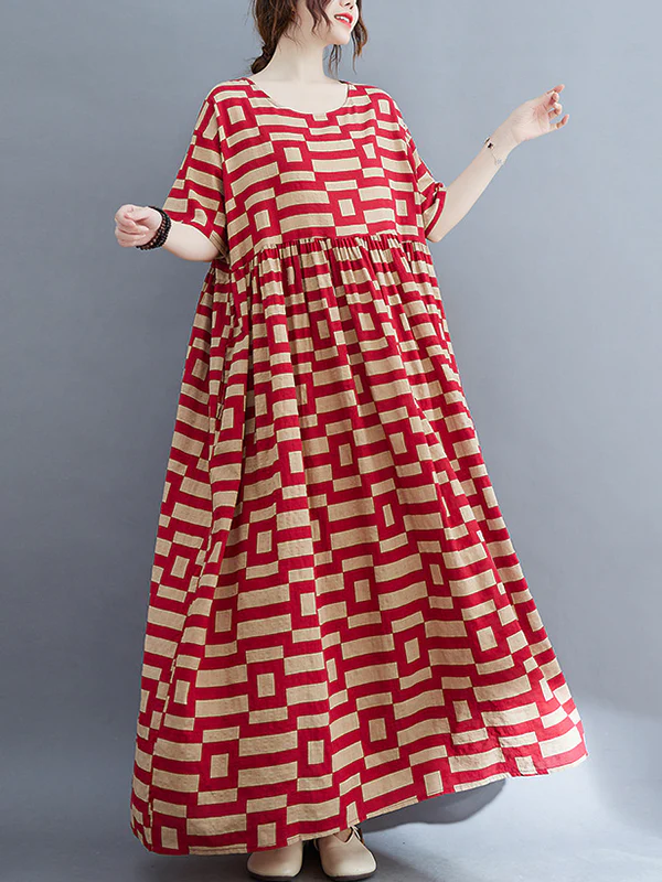 Loose Short Sleeves Plaid Round-Neck Midi Dresses - Image 9