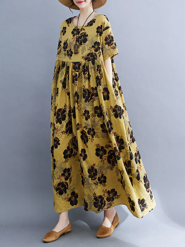 Loose Short Sleeves Pleated Printed Split-Joint Round-Neck Midi Dresses - Image 10